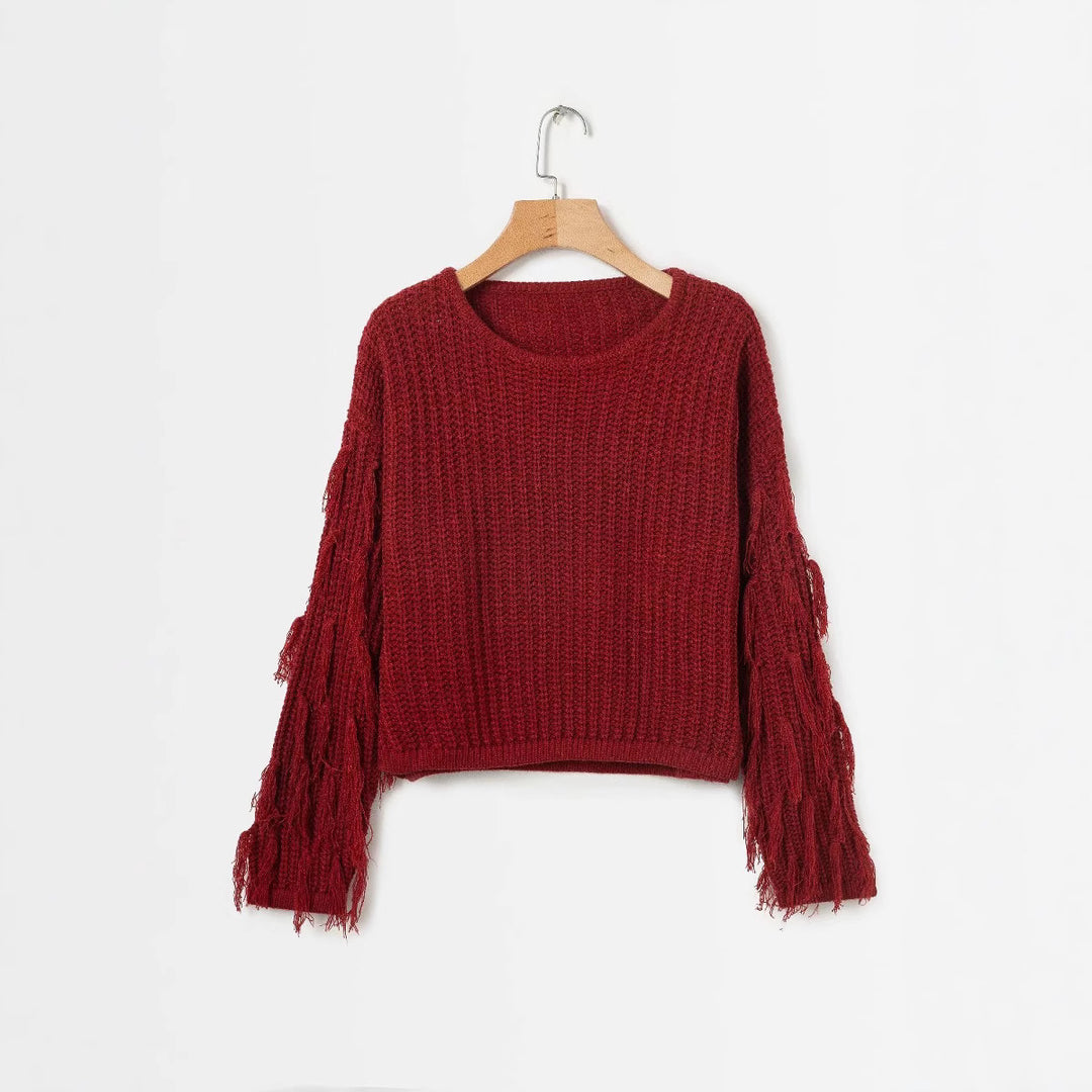 Damen modischer Strickpullover mit fransigen Ärmeln und besonderem Strukturmuster R&B
