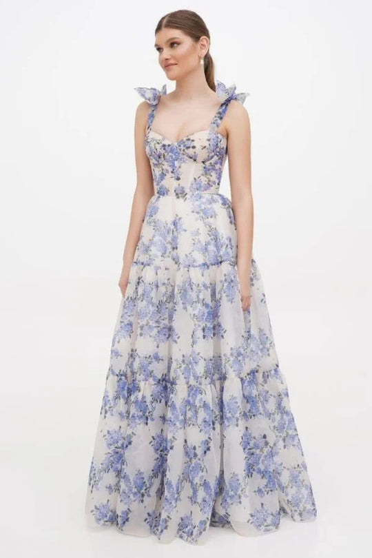 Damen Elegantes Maxikleid mit floralen Details und Rüschenträgern R&B
