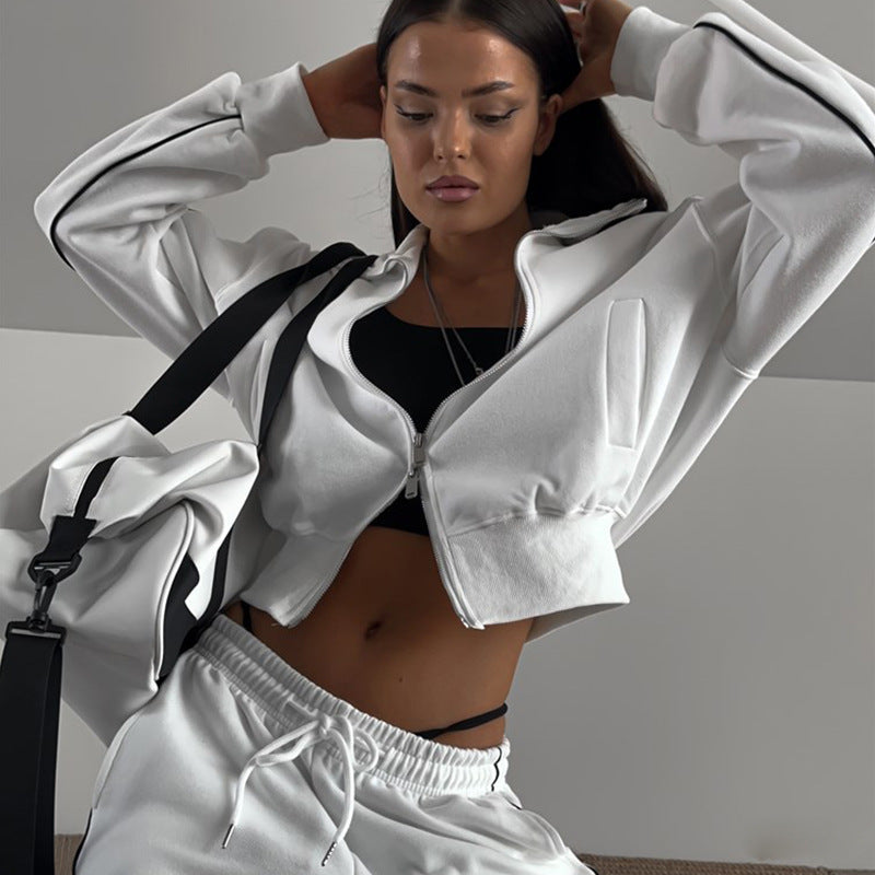 Damen nan kurzes Reißverschluss-Hoodie und hohe Taillen-Jogginghose Set mit dekorativer Seitenpaspel R&B