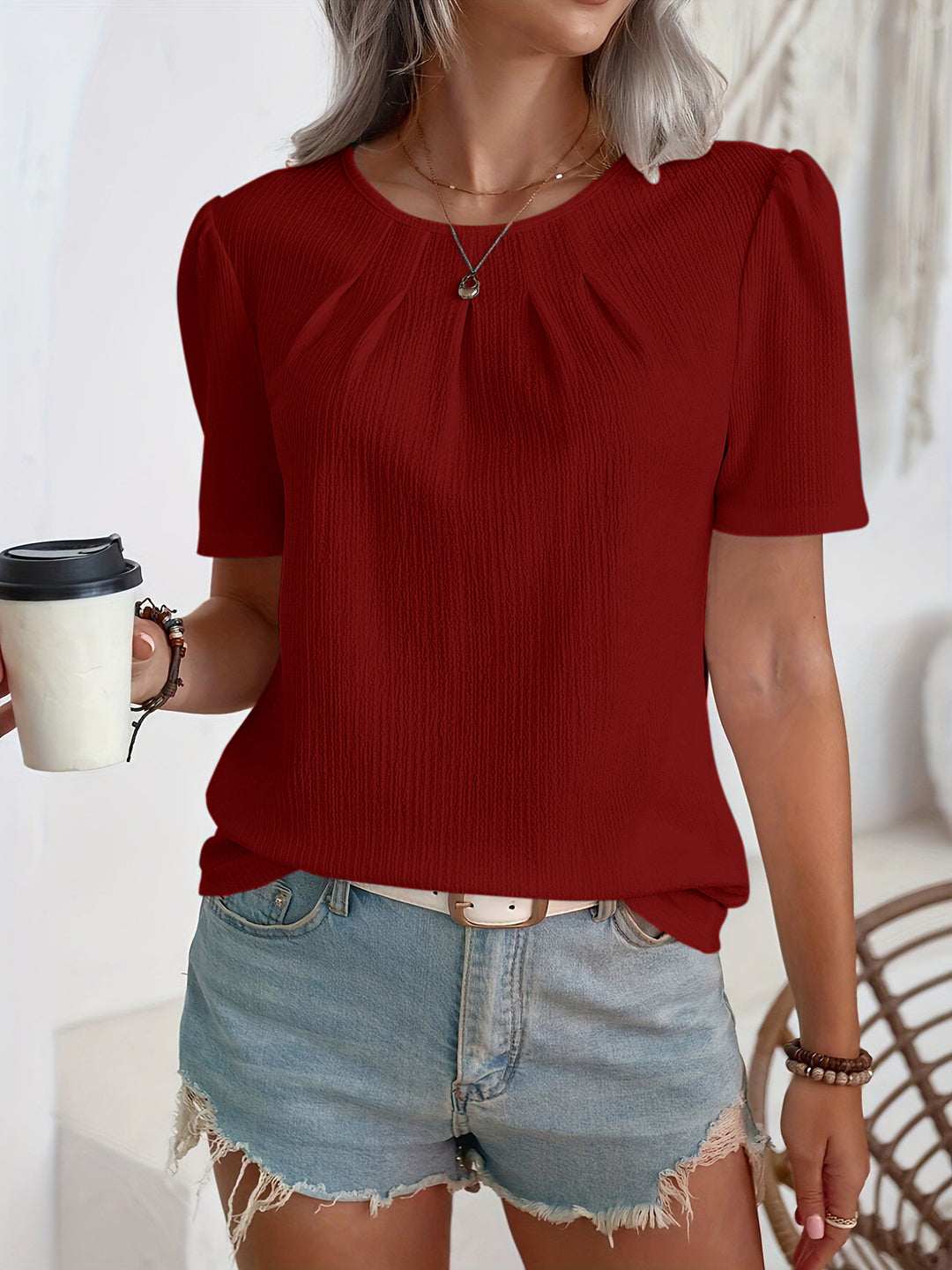 Damen Modisches Oberteil mit strukturiertem Design und Puffärmeln R&B
