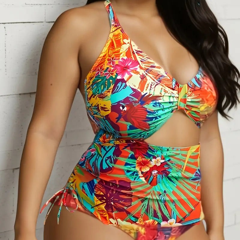 Damen Einteiliger Badeanzug mit exotischem Schnitt und buntem Tropen-Design R&B