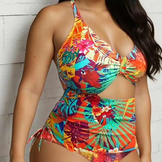 Damen Einteiliger Badeanzug mit exotischem Schnitt und buntem Tropen-Design R&B
