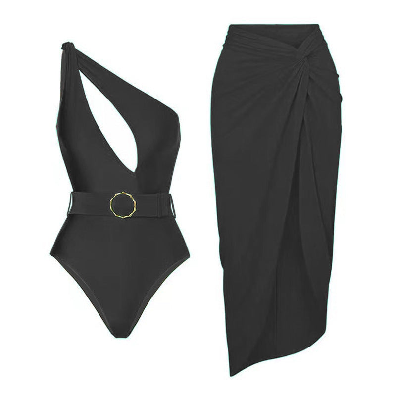 Damen Einteiliger Badeanzug mit asymmetrischem Schnitt und Wickelrock R&B