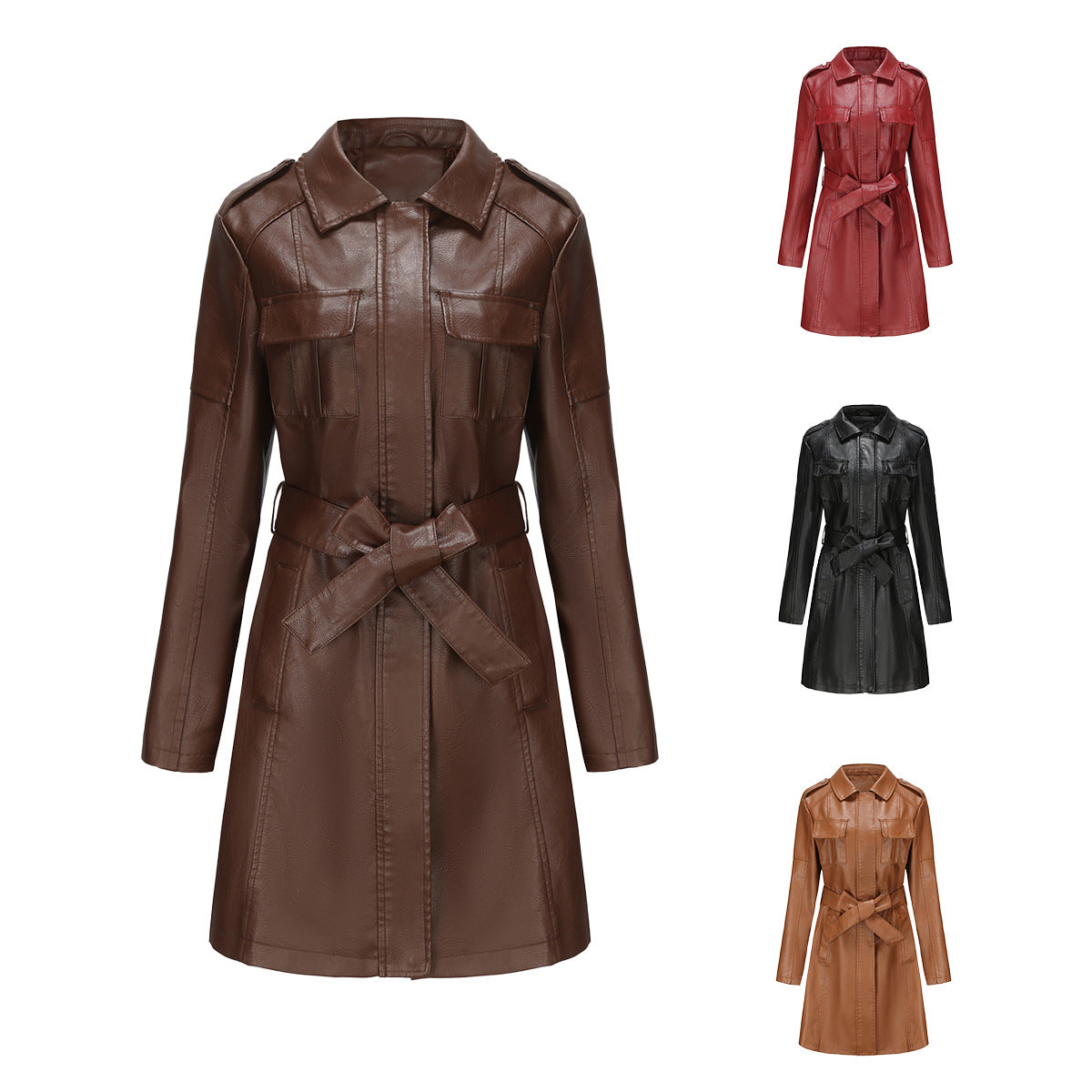 Damen nan langer Kunstleder-Trenchcoat mit Taillengürtel und Schulterriegeln R&B
