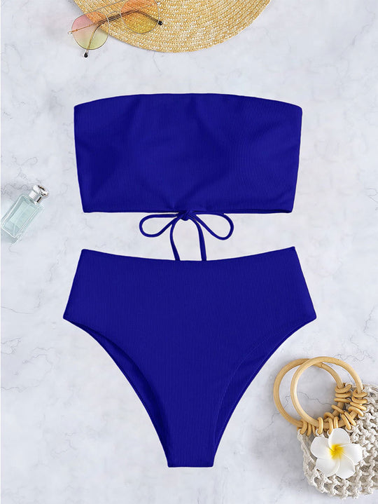 Damen Bandeau-Bikini mit hohem Bund und Rippdesign R&B