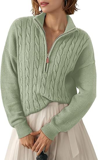 Damen Grobstrick Pullover mit Stehkragen und halbem Reißverschluss R&B