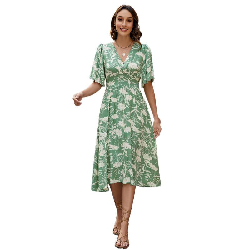 Damen Sommerliches Midikleid mit verspielten Rüschendetails und V-Ausschnitt R&B