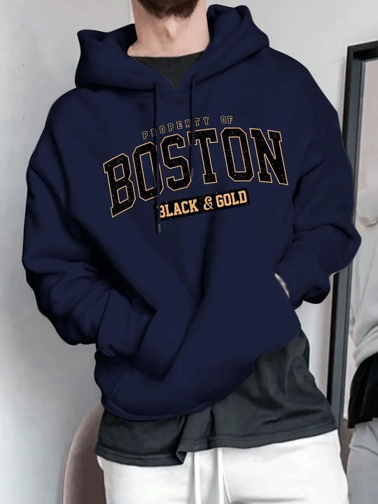 Herren Kapuzensweater mit auffälligem Boston-Print und weicher Innenseite R&B