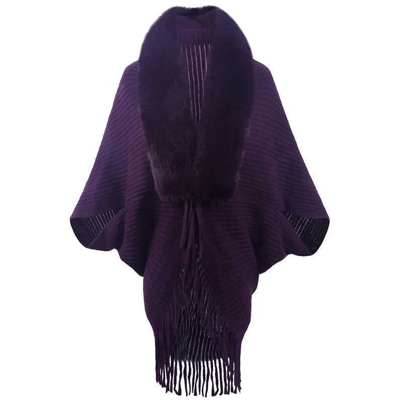 Damen luxuriöser Strickponcho mit elegantem Kunstfellkragen und Fransen R&B