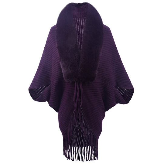 Damen luxuriöser Strickponcho mit elegantem Kunstfellkragen und Fransen R&B