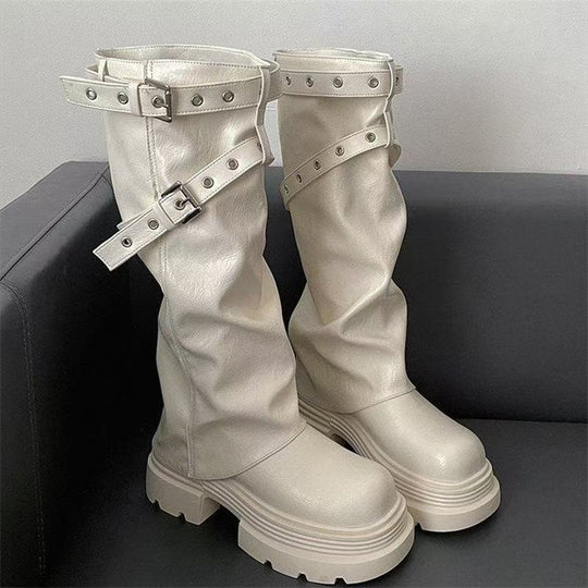 Damen Plateau-Stiefel mit modischem Schnallenverschluss und eleganter Faltenoptik R&B