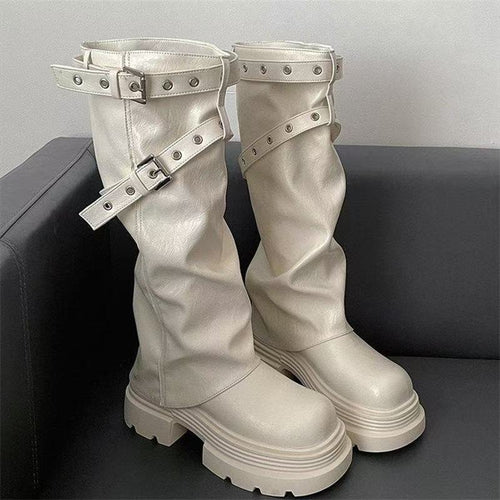 Damen Plateau-Stiefel mit modischem Schnallenverschluss und eleganter Faltenoptik R&B