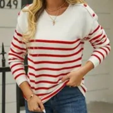 Damen gestrickter Pullover mit Streifenmuster und Knopfdetails R&B
