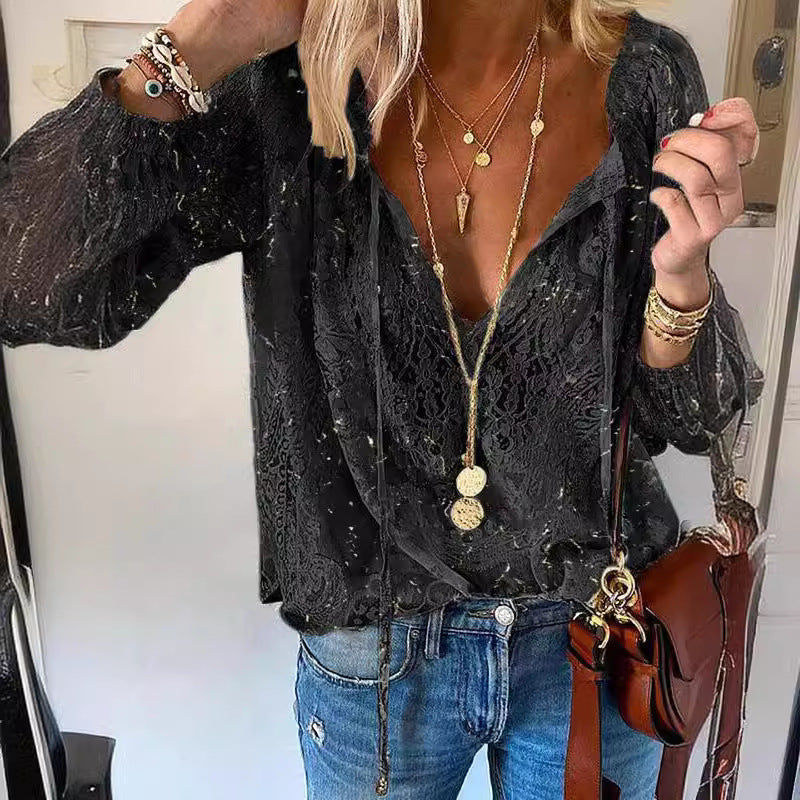 Damen Elegante und feminine Bluse mit V-Ausschnitt und Spitzenakzenten R&B