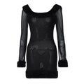 Damen Elegantes transparentes Kleid mit luxuriösem Kunstfellkragen R&B