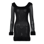 Damen Elegantes transparentes Kleid mit luxuriösem Kunstfellkragen R&B