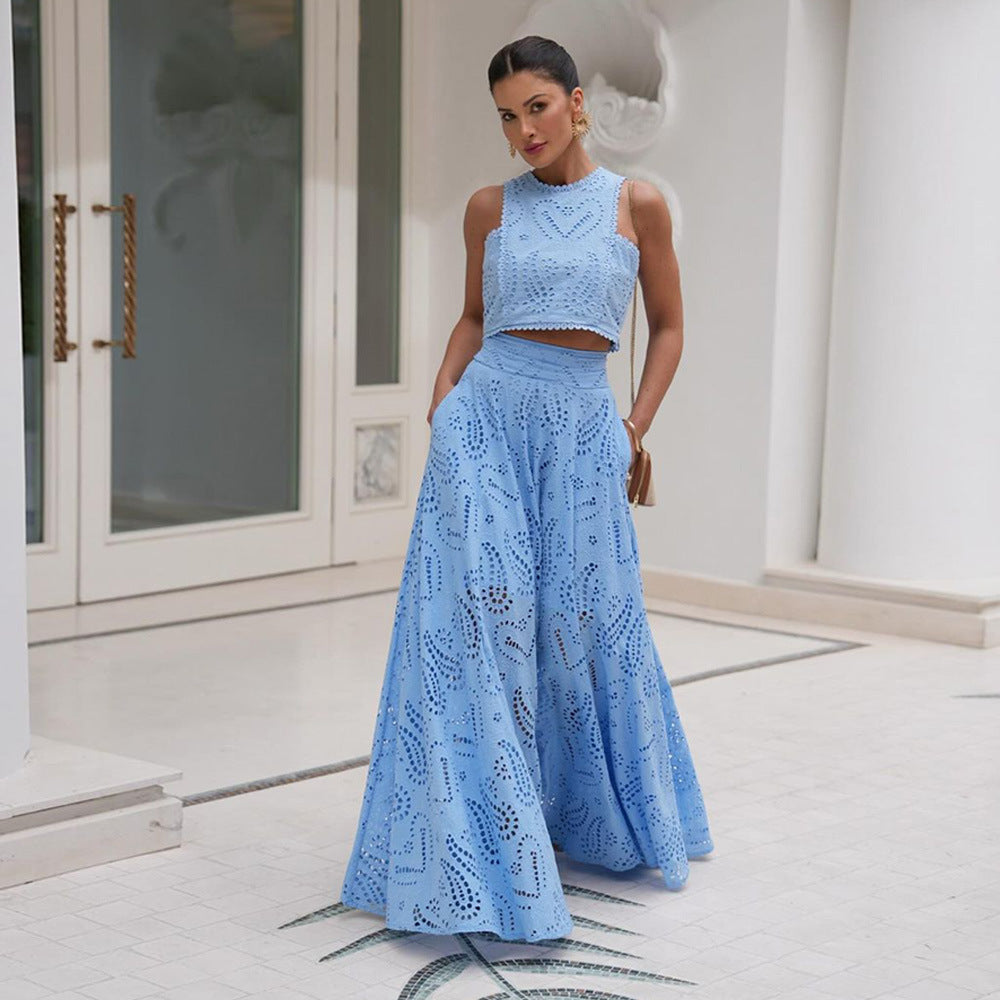 Damen Elegantes Zweiteiliges Kleidungsset mit Lochmuster R&B