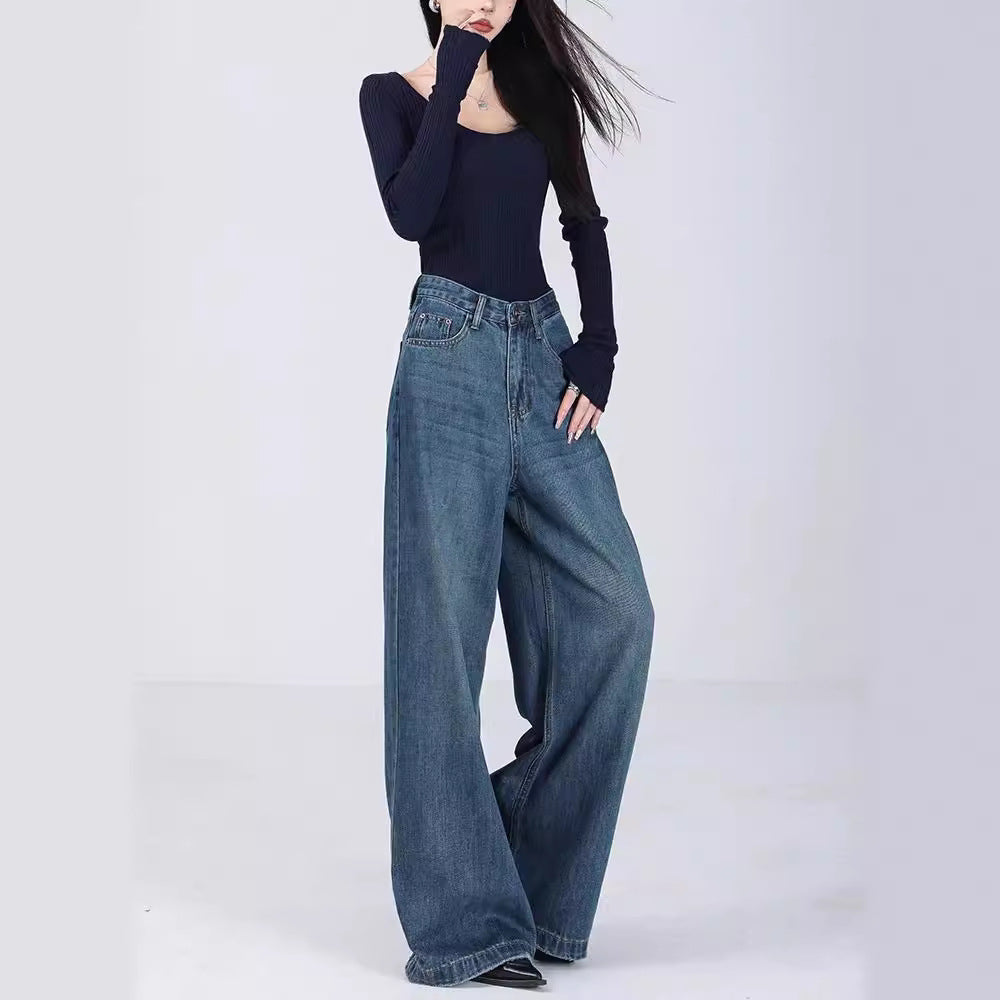 Damen Weite High-Waist Jeans mit tiefem Schritt und elegantem Schnitt R&B