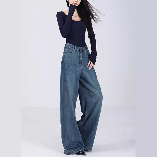 Damen Weite High-Waist Jeans mit tiefem Schritt und elegantem Schnitt R&B