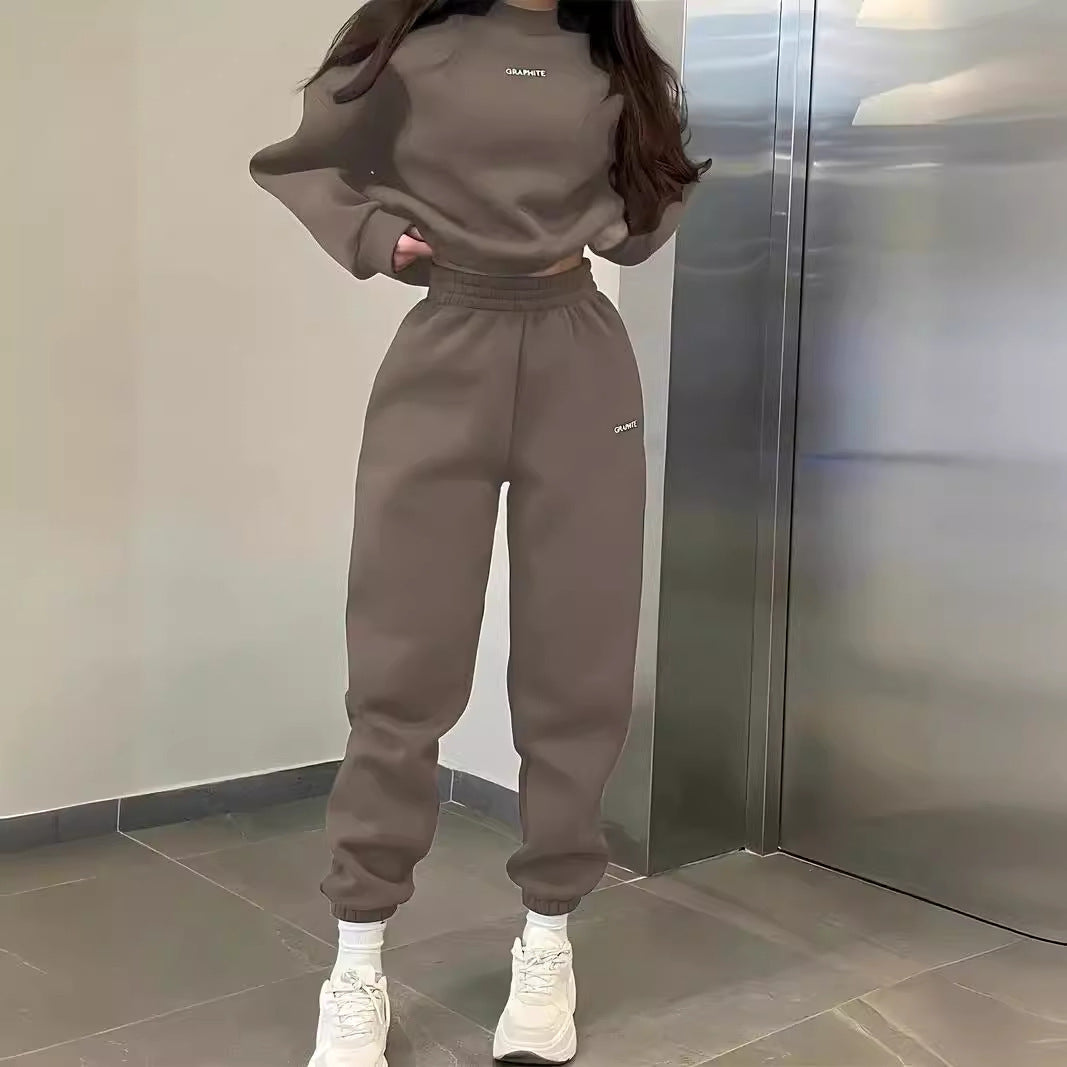 Damen lässiges Fleece-Jogginganzug-Set mit elastischem Bund und lässigem Schnitt R&B