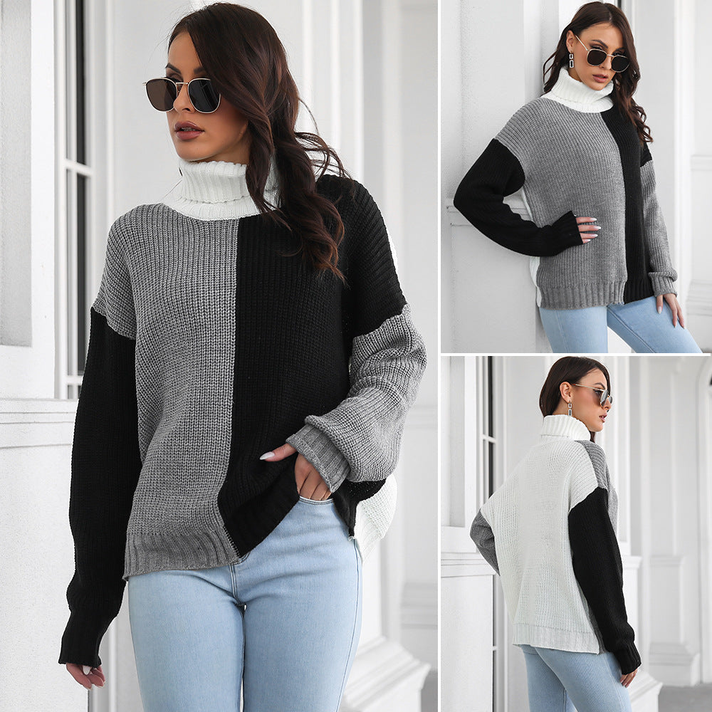 Damen Grobstrickpullover mit hohem Kragen und modernem Farbblock-Design R&B