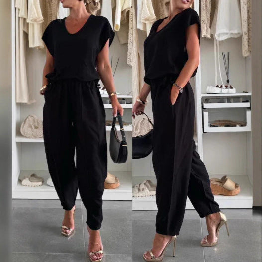 Damen lässiger Jumpsuit mit elastischem Bund und praktischen Taschen R&B