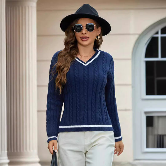 Damen Strickpullover mit V-Ausschnitt und klassischem Zopfdesign R&B