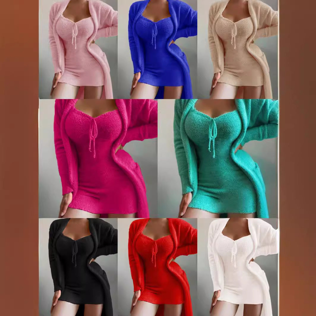 Damen nan luxuriöses Teddy-Fleece Lounge-Set mit Longcardigan, gerafftem Cropped-Bustier und Highwaist-Hose R&B