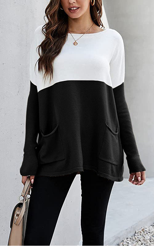 Damen Strickpullover mit großen Fronttaschen und kontrastiertem Design R&B