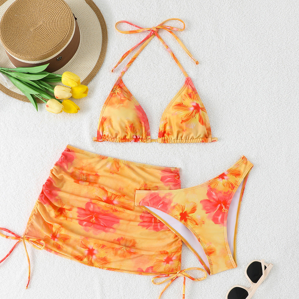 Damen Triangel-Bikini-Set mit verstellbaren Trägern und floralem Wickelrock R&B