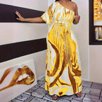 Damen Maxikleid mit asymmetrischem Schnitt und elegantem Muster R&B