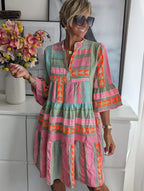 Damen luftiges Boho-Kleid mit eingewR&Bten Mustern und kurzen Ärmeln R&B
