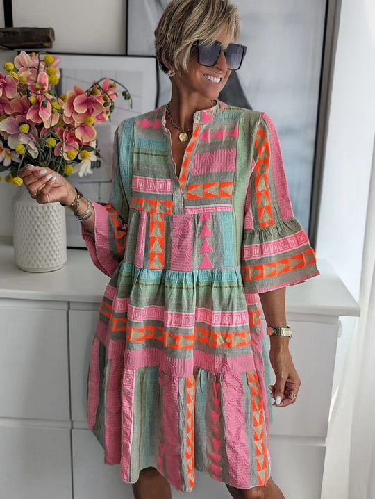 Damen luftiges Boho-Kleid mit eingewebten Mustern und kurzen Ärmeln R&B
