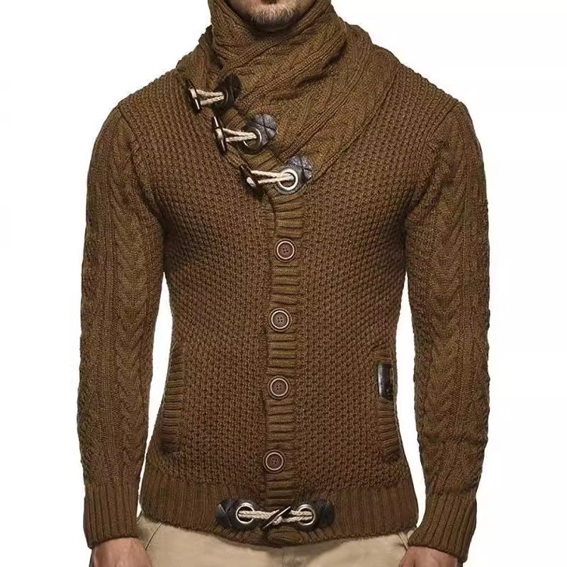 Herren gestrickter Cardigan mit hohem Kragen und modernen Holzknebel R&B