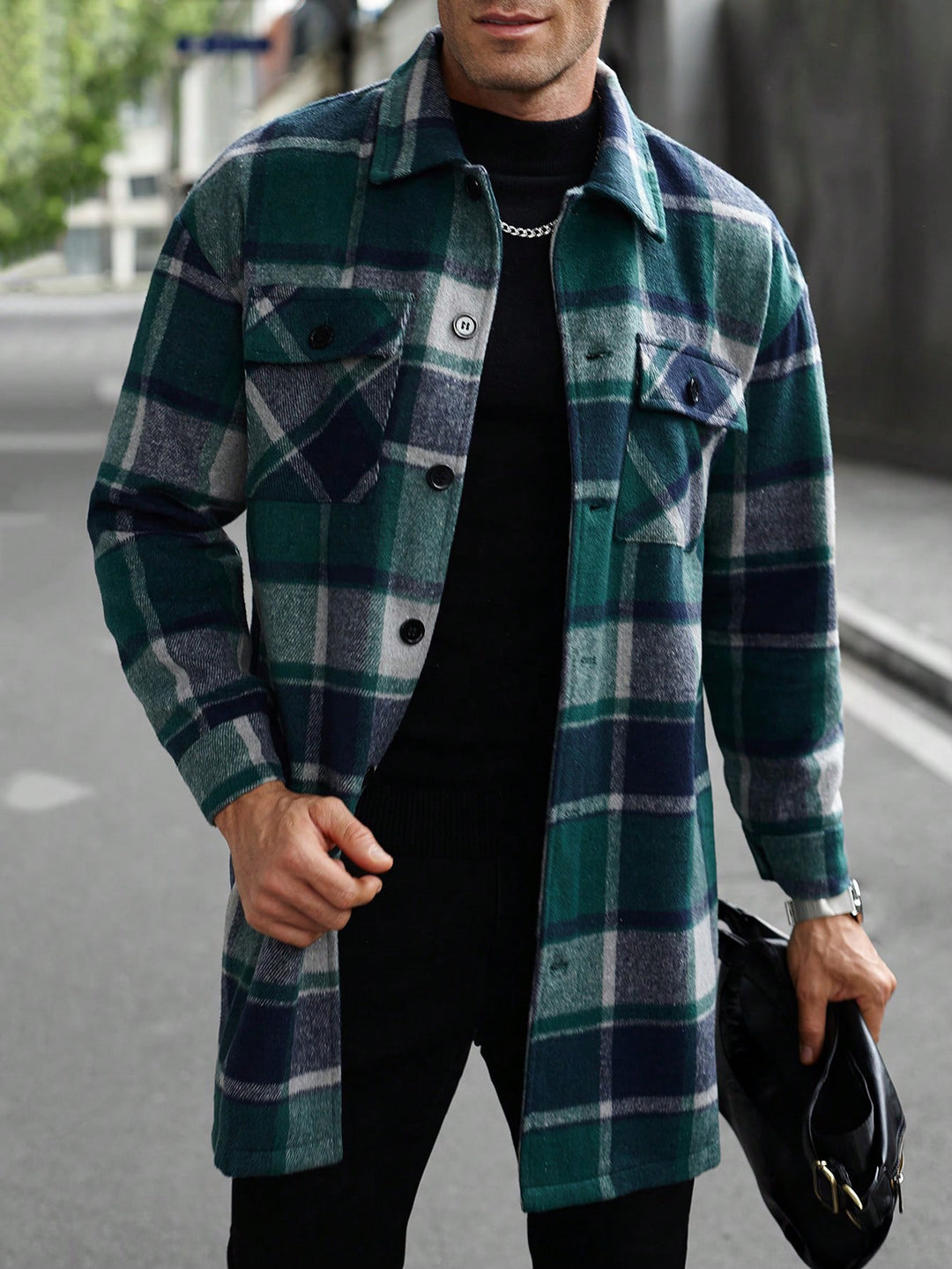 Herren nan kariertes Longline-Überhemd mit aufgesetzten Brusttaschen und Knopfleiste R&B