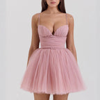 Damen Tüll Cocktailkleid mit tiefem V-Ausschnitt und luftigem Rock R&B