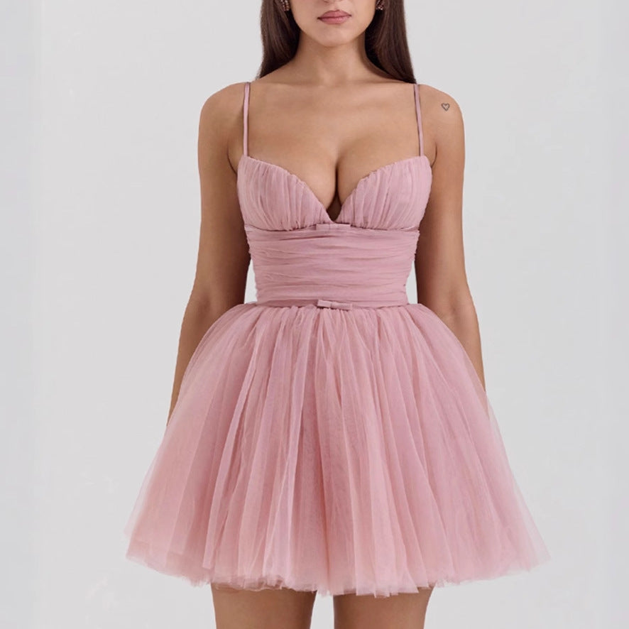 Damen Tüll Cocktailkleid mit tiefem V-Ausschnitt und luftigem Rock R&B