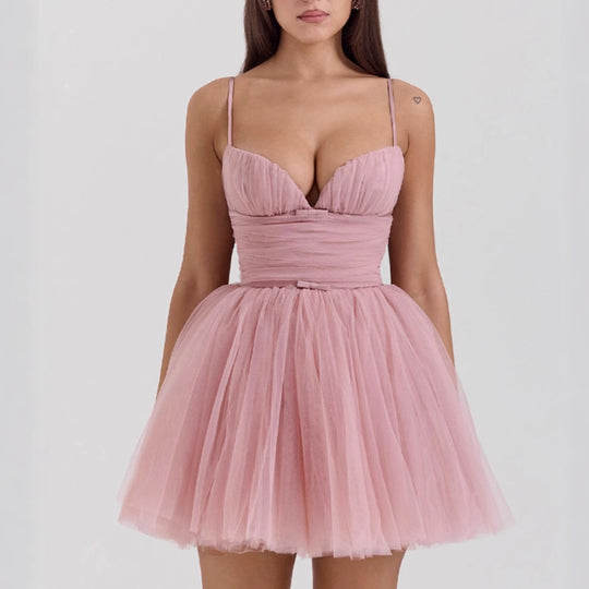 Damen Tüll Cocktailkleid mit tiefem V-Ausschnitt und luftigem Rock R&B