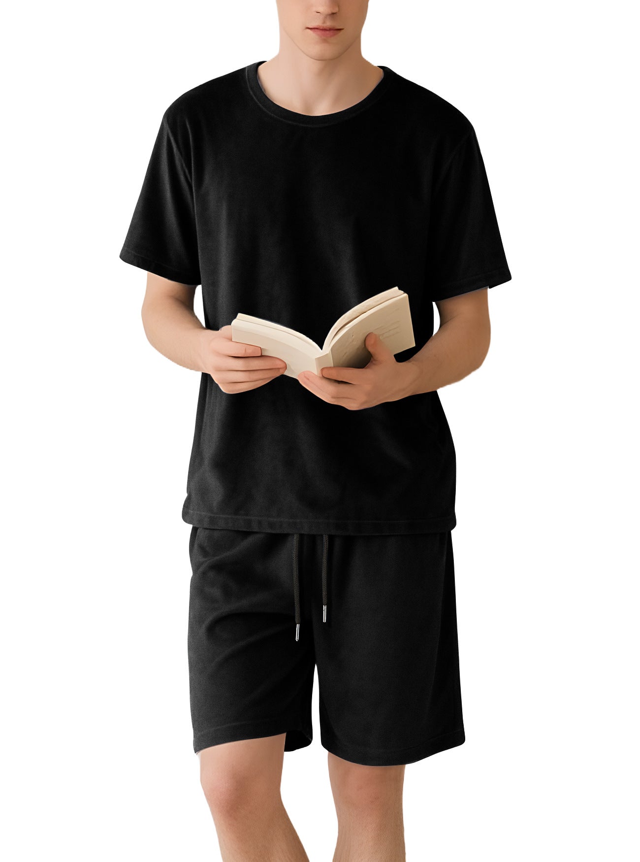Herren nan Samtvelours Lounge-Set mit Rundhals-Kurzarmshirt und Kordelshorts R&B