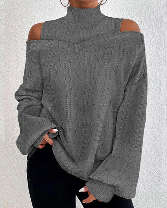 Damen nan Oversize-Strickpullover mit Stehkragen, offenem Schulterdetail und Zopfmuster R&B