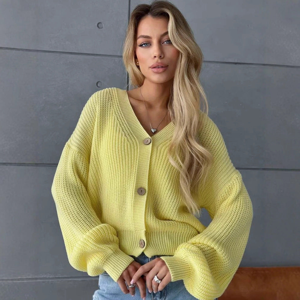 Damen lässiger Strickjacke mit voluminösen Ärmeln und modernen Knopfdetails R&B