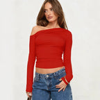 Damen Off-Shoulder Raffungsshirt mit langen Ärmeln und elegantem Design R&B