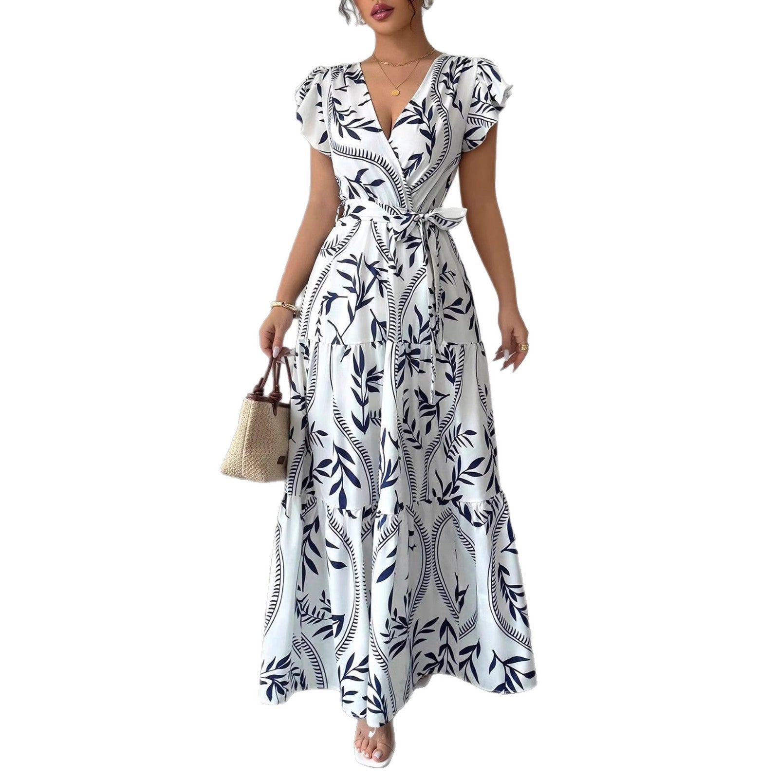 Damen Maxikleid im boho-inspirierten Design mit floralen Elementen und taillierbarem Gürtel R&B