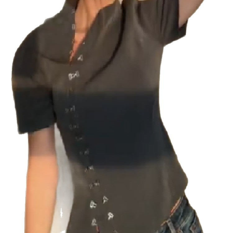 Damen modische Kurzarm-Bluse mit innovativem Schnitt und stylischen Knöpfen R&B