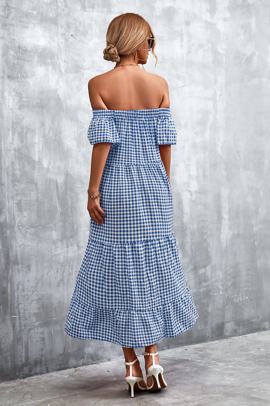 Damen Fließendes Maxikleid mit off-shoulder Design und Rüschensaum R&B