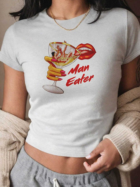 Damen Crop-T-Shirt mit künstlerischem Lippenmotiv und kreativem Druck R&B