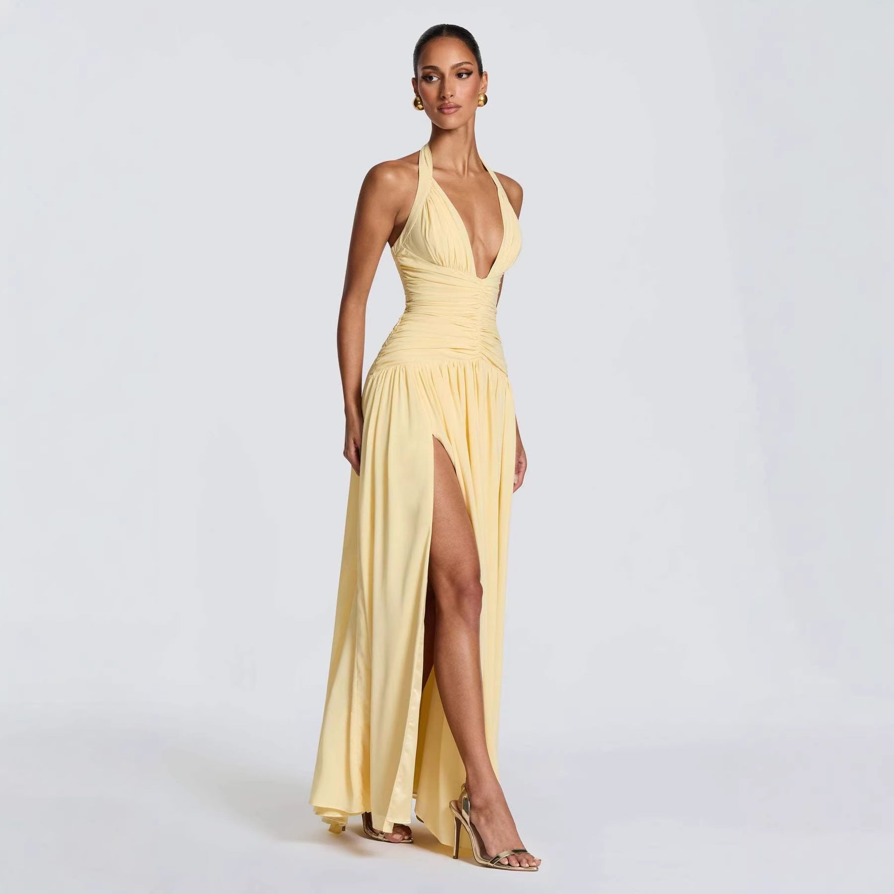 Damen Elegantes Maxikleid mit halterlosem Ausschnitt und raffiniertem Faltenwurf EB