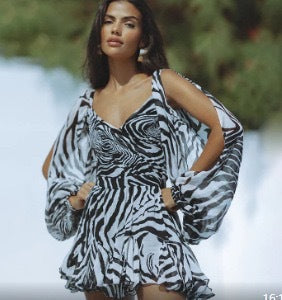 Damen Wickelkleid mit fließenden Ärmeln und Leopardenmuster R&B