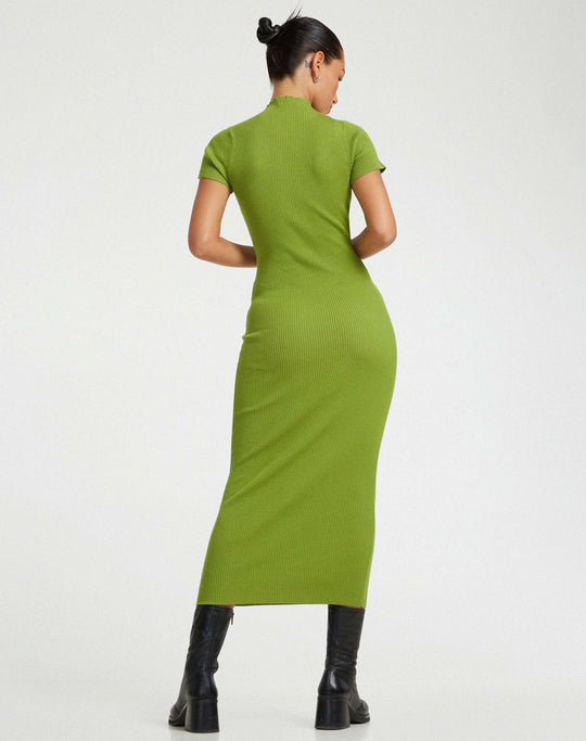 Damen figurbetontes Strickkleid mit asymmetrischem Ausschnitt und hohem Kragen R&B