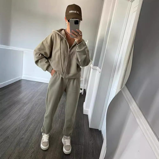 Damen sportliches Fleece-Jogginganzug mit praktischer Kapuze und elastischem Bund R&B